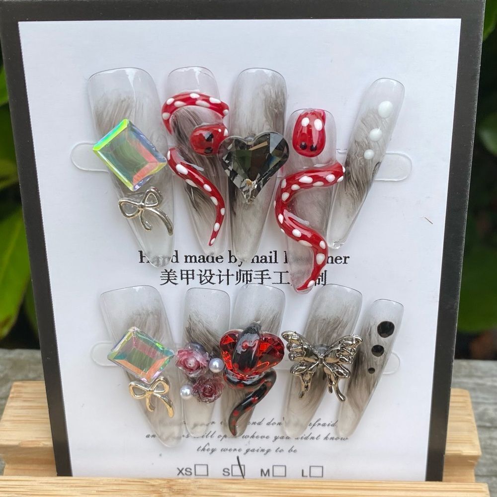 New Handmade 3D Nail Art Set Red & White Snake/Hearts/Flowers/Butterfly Small